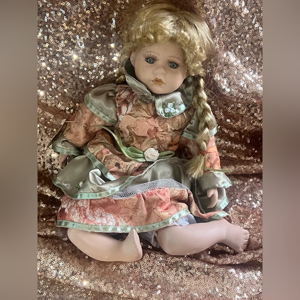 Elegant Porcelain sitting Doll Floral Dress w/ umbrella Black Friday only price🖤